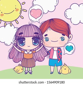anime cute boy and girl with chickens outdoor vector illustration