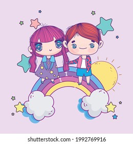 anime cute couple on rainbow cartoon