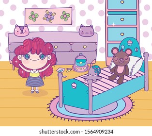 anime cute girl in the bedroom with toys bag furniture vector illustration