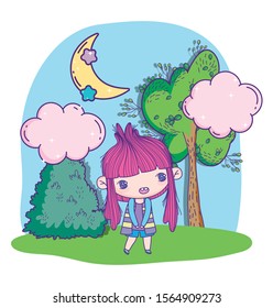 anime cute girl park tree clouds sun stars vector illustration
