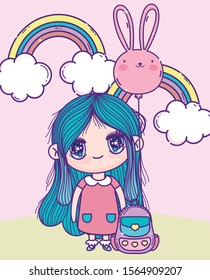 anime cute girl rabbit shape balloon rainbows bag outdoor vector illustration