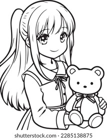 Anime cute girl with a soft bear. Coloring book for children.