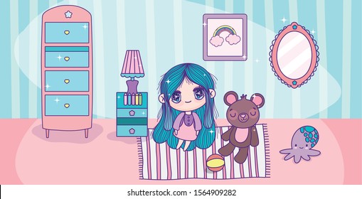 anime cute girl with teddy toys in the room vector illustration