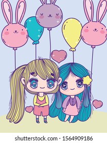 anime cute girls with magic wand rabbits shaped balloons vector illustration