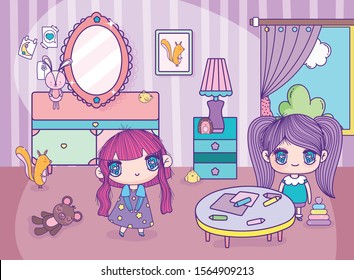 anime cute girls playing in the room toys table pencils mirror lamp vector illustration