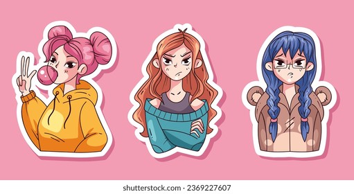 Anime lindas chicas pegatinas personaje de caricatura manga aislado conjunto. Ilustración de diseño gráfico plano vectorial