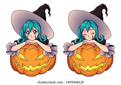 Una linda bruja con el pelo azul sentada en Jack o'lantern. Dibujo vectorial hecho a mano para niños juegos móviles, saludo de Halloween, tarjetas de invitación, para diseño de pantalones. 