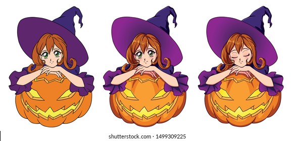 Anime cute witch with red hair sitting on Jack o'lantern. Hand drawn vector illustration for children mobile games, Halloween greeting, invitation cards, t shirt design. 