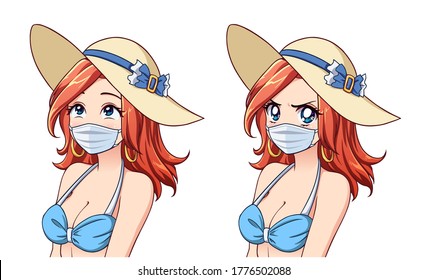 Anime cute woman wearing summer hat, bikini and medical mask. Set of two different expressions. Coronavirus tourism. Hand drawn vector illustration.