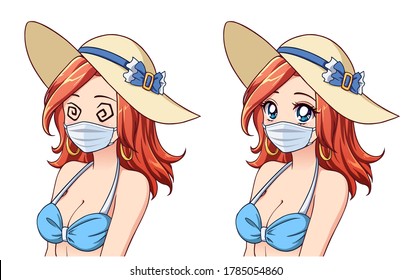 Anime cute woman wearing summer hat, bikini and medical mask. Set of two different expressions. Coronavirus tourism. Hand drawn vector illustration.