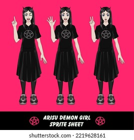 Anime demon girl character in a black dress. Sprite sheet of a personage. 