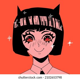 Anime demon girl with horns and red skin. Vector trendy cartoon illustration for poster, cover, t-shirt print.