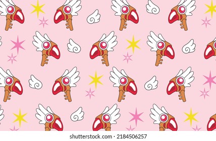 Anime Design Cetro Varita Sakura Card Captor Colors Form Seamless Pattern Set. Vector Design For Paper, Cover, Fabric, Interior Decoration And Other Users.
