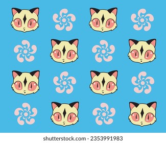 Diseño animado kirara gato con estrellas y colores sakura forman un conjunto de patrones sin fisuras. diseño vectorial para papel, cubierta, tela, decoración interior y otros usuarios.