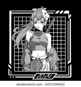 Anime design for tshirt , black and white . Anime vector illustration