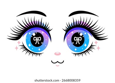 Anime rosto boneca com grandes olhos gradiente com arco em fundo branco.