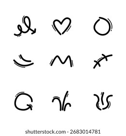 Anime doodle vector set. Hand drawn cartoon manga symbols. Isolated sketch elements illustration.