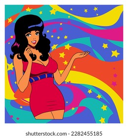 Anime drawing of a black-haired brown girl in a red dress, who points with her hand at the advertised object under the light of retro disco illumination of the 70s or 80s