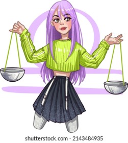 dibujo animado chica libra zodiac signos en ropa moderna pelo de moda de color