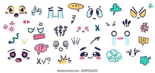 Anime emotion big set with effects symbols. Vector illustration cartoon anime doodle style