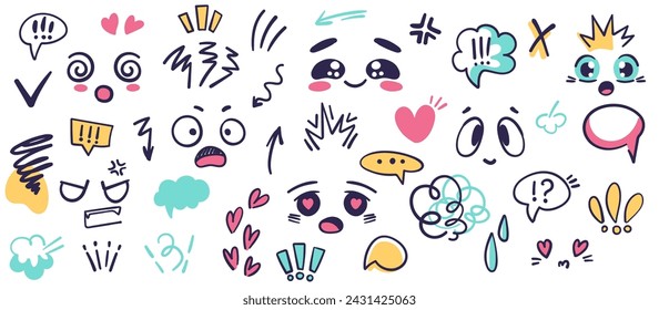 Anime emotion effect big set.  Expressions speech bubble, hearts, mark points in comic doodle style. Vector illustration