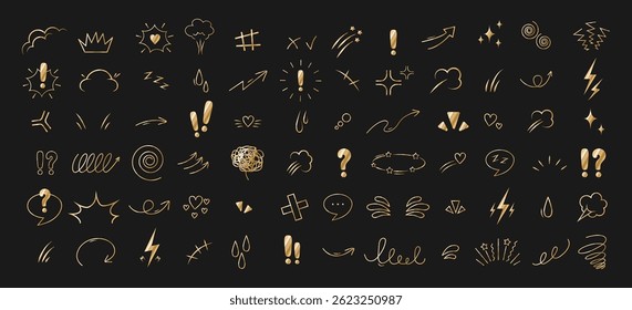 Anime Emotion effect. Collection of arrows, hearts and speech bubble. Doodle Vector illustration in golden color.