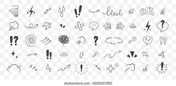 Anime Emotion effect collection. Doodle manga big set. Character emotion symbols on transparent background. Vector illustration.