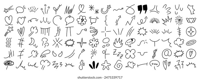 Anime emotion effect design elements. Manga collection of arrows, sparkles, expression signs. Vector illustration.