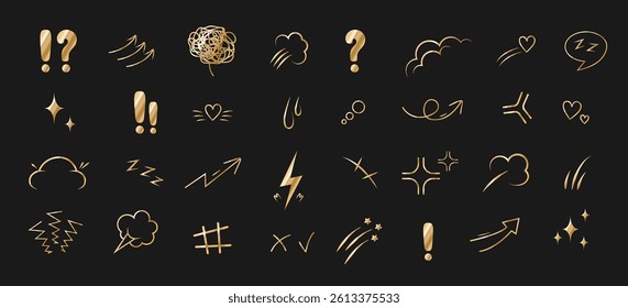 Anime Emotion effect. Doodle golden manga icons. Idea and exclamation symbol. Pop art clipart. Scribble vector illustration.