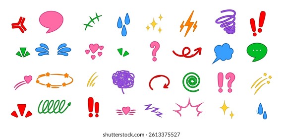 Anime Emotion effect. Doodle anime icons in bright colors. Pop art Vector illustration isolated on white background.