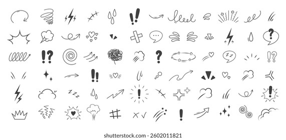 Anime Emotion effect. Doodle manga icons. Idea and exclamation symbol. Pop art clipart. Scribble vector illustration.