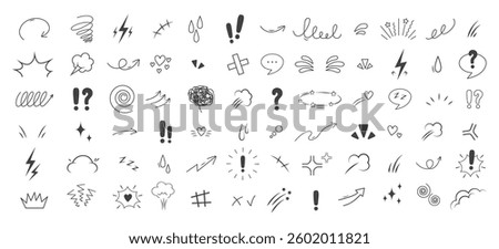 Anime Emotion effect. Doodle manga icons. Idea and exclamation symbol. Pop art clipart. Scribble vector illustration.