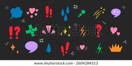 Anime Emotion effect. Doodle manga icons. Idea and exclamation symbol. Pop art clipart. Scribble vector illustration in bright colors.