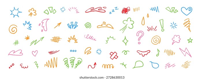 Anime emotion effect doodle set with sketch lines, arrows, expressive marks and symbols. Perfect for manga panels, cartoon emotion, movement, emphasis and graphic decoration.