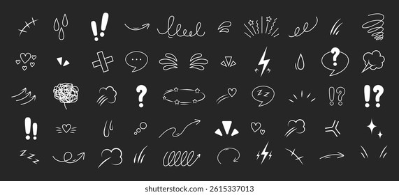 Anime Emotion effect icons. Collection of hand drawn arrows, lines, emphasis, sparkle or sunburst. Vector illustration.