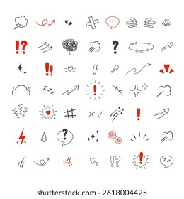 Anime Emotion effect icons. Collection of hand drawn arrows, lines, emphasis, sparkle or sunburst. Vector illustration.