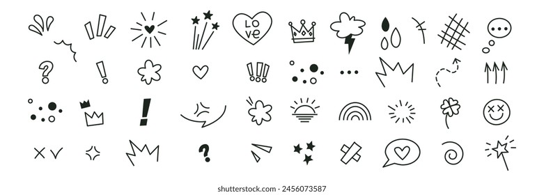 Anime emotion effect set. Doodle hand drawn design elements. Cartoon explosion effect, splash, exclamation. Arrows, heart, star, crown and speech bubbles. Vector illustration