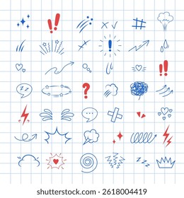 Anime Emotion effect set. Line movement element. Manga sparks on checkered notebook sheet. Hand drawn line Vector illustration.