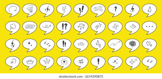 Anime Emotion effect set. Speech bubbles with Hand drawn doodle expression signs. Vector illustration.