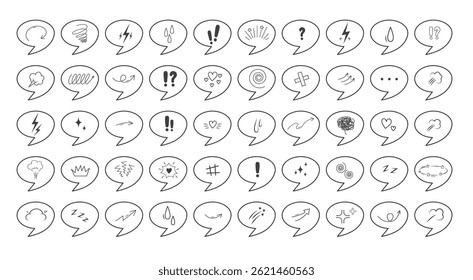Anime Emotion effect set. Speech bubble with Line movement element. Manga sparks. Hand drawn line Vector illustration.