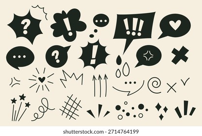 Anime emotion effects and black speech bubbles set. Line movement cool vector elements. A pack of arrows, expression signs, action lines, exclamation marks. Vector illustration. Doodle anime icons