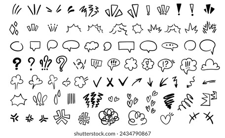 Anime emotion hand drawn effect set. Manga collection of arrows and speech bubbles, hearts. Vector illustration with doodle anime icons