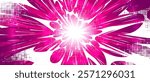 Anime explosion background in bright pink color with comic book dynamic burst effect - powerful radial beams spreading from luminous center point, dotted pattern, speed lines for manga combat scenes.