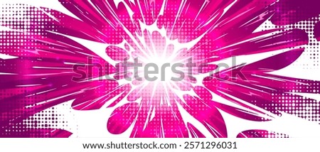 Anime explosion background in bright pink color with comic book dynamic burst effect - powerful radial beams spreading from luminous center point, dotted pattern, speed lines for manga combat scenes.