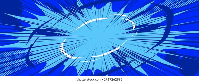 Anime explosion background with radial burst. Comic book style blue backdrop with dynamic speed lines, halftone dots and energetic motion rays for manga action scenes