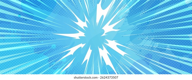 Anime explosion background with radial lines - dynamic starburst with speed motion effect. Blue and white halftone pattern for superhero action in manga comic book style. Stylized decorative bg.