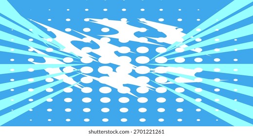 Fondo de explosión de anime con líneas radiales: explosión estelar dinámica con efecto de movimiento de velocidad. Patrón de semitono azul y blanco para la acción de superhéroes en estilo de cómic manga. Bolso decorativo estilizado.