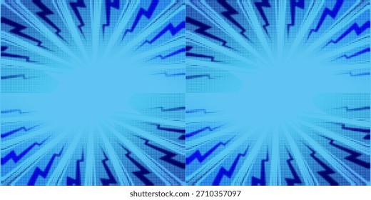 Anime Explosion Hintergrund mit radialen Linien - dynamische Sterne mit Geschwindigkeit Bewegung Effekt. Blau-weißes Halbtonmuster für Superhelden-Action im Manga-Comic-Stil. Stilisierte dekorative BG