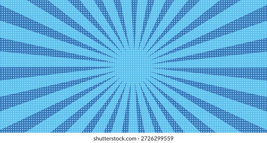 Plano de fundo de explosão de anime com linhas radiais - estelar dinâmico com efeito de movimento de velocidade. Padrão de meio-tom azul e branco para ação de super-herói no estilo de quadrinhos de mangá