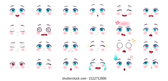 Anime expressions. Kawaii cute faces with eyes lips and nose cartoon anatomy smiling manga girls exact vector pictures set isolated